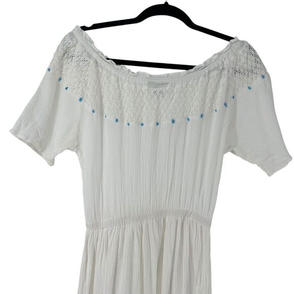 220 Hickory Maxi Dress White Off The Shoulder Turquoise Bead Size S Ruffle Crepe - Picture 11 of 12